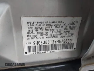 2000 Honda Civic VP z VIN 2HGEJ6613YH575630, wystawiony jako IAAI lot #41525214 z przebiegiem 251 481 mil mil oraz . Historia ofert i sprzedaży dostępna na DreamBid. Obrazek 9.