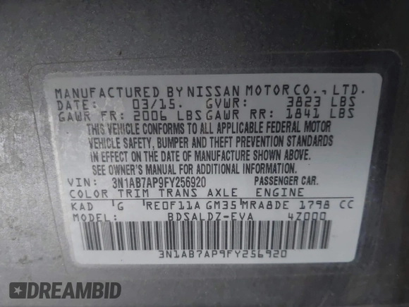 2015 Nissan Sentra S with VIN 3N1AB7AP9FY256920, listed as a IAAI auction lot 41491292 with 163,404 mi miles and . Bid and sale history available at DreamBid. Image 9.