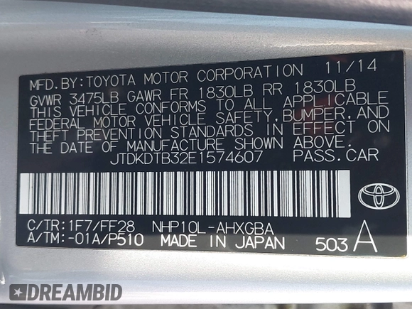 2014 Toyota Prius One z VIN JTDKDTB32E1574607, wystawiony jako IAAI lot #41724312 z przebiegiem 102 612 mil mil oraz . Historia ofert i sprzedaży dostępna na DreamBid. Obrazek 9.