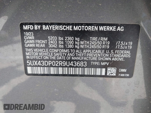 2024 BMW X3 sDrive30i z VIN 5UX43DP02RSU43683, wystawiony jako IAAI lot #42473099 z przebiegiem 2 130 mil mil oraz . Historia ofert i sprzedaży dostępna na DreamBid. Obrazek 9.
