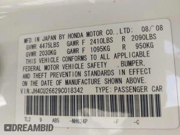 2009 Acura TSX с VIN JH4CU26629C018342, выставлен на аукционе IAAI как лот 42630067 с пробегом 180 271 миль миль и . История ставок и продаж доступна на DreamBid. Изображение 9.
