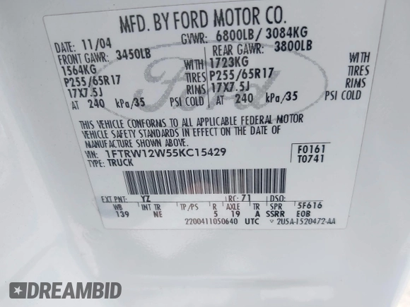 2005 Ford F-150 XLT z VIN 1FTRW12W55KC15429, wystawiony jako IAAI lot #42485246 z przebiegiem 251 954 mil mil oraz . Historia ofert i sprzedaży dostępna na DreamBid. Obrazek 9.