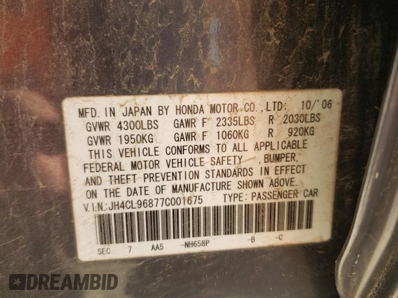 2007 Acura TSX z VIN JH4CL96877C001675, wystawiony jako Copart lot #60105845 z przebiegiem 173 330 mil mil oraz Szkoda całkowita • Salvage title. Historia ofert i sprzedaży dostępna na DreamBid. Obrazek 12.