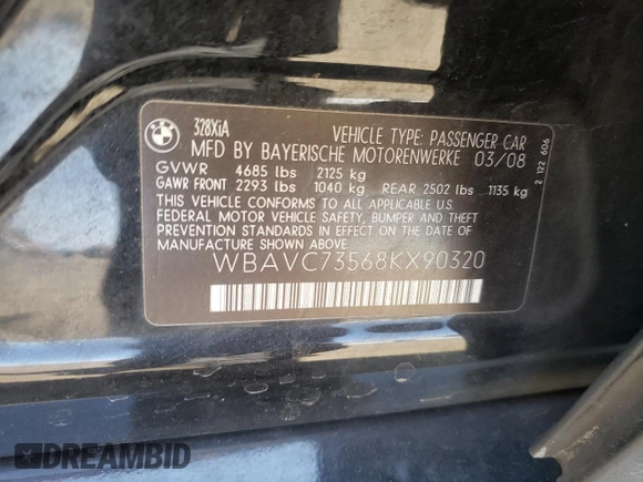 2008 BMW 3 Series 328xi z VIN WBAVC73568KX90320, wystawiony jako Copart lot #53806035 z przebiegiem 102 438 mil mil oraz Szkoda całkowita • Salvage title. Historia ofert i sprzedaży dostępna na DreamBid. Obrazek 12.