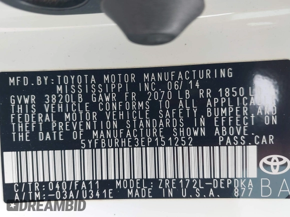 2014 Toyota Corolla L с VIN 5YFBURHE3EP151252, выставлен на аукционе IAAI как лот 42286408 с пробегом 169 761 миль миль и . История ставок и продаж доступна на DreamBid. Изображение 9.