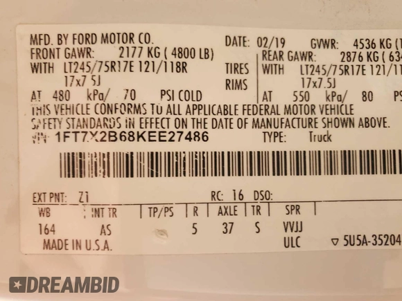 2019 Ford F-250 XL with VIN 1FT7X2B68KEE27486, listed as a IAAI auction lot 42276545 with 185,343 mi miles and . Bid and sale history available at DreamBid. Image 32.