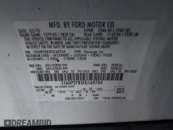 2015 Ford Taurus Limited с VIN 1FAHP2F85FG169704, выставлен на аукционе IAAI как лот 41152599 с пробегом 167 589 миль миль и . История ставок и продаж доступна на DreamBid. Изображение 9.