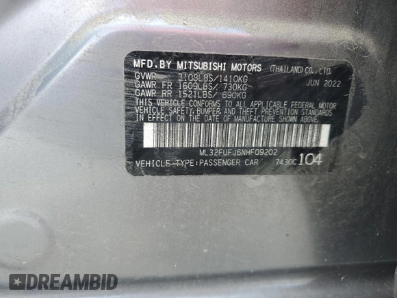2022 Mitsubishi Mirage ES with VIN ML32FUFJ6NHF09202, listed as a Copart auction lot 60522215 with 29,785 mi miles and Salvage title. Bid and sale history available at DreamBid. Image 12.