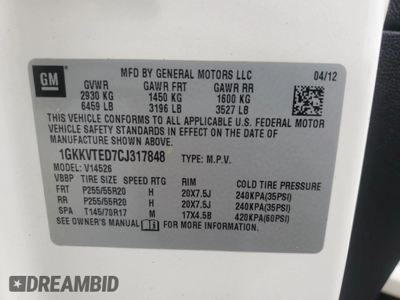 2012 GMC Acadia Denali with VIN 1GKKVTED7CJ317848, listed as a Copart auction lot 65222305 with 173,365 mi miles and Clean title. Bid and sale history available at DreamBid. Image 13.