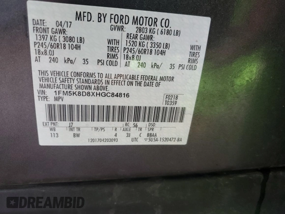 2017 Ford Explorer XLT с VIN 1FM5K8D8XHGC84816, выставлен на аукционе Copart как лот 59524125 с пробегом 77 099 миль миль и Списание • Salvage title. История ставок и продаж доступна на DreamBid. Изображение 13.