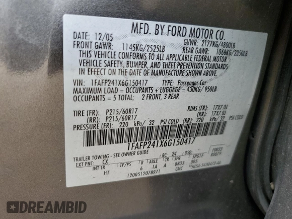 2006 Ford Five Hundred SEL with VIN 1FAFP241X6G150417, listed as a Copart auction lot 81459964 with 168,844 mi miles and Salvage Title. Bid and sale history available at carsss.com. Image 12.