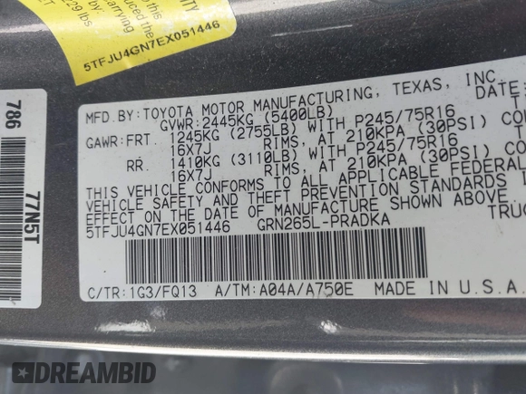 2014 Toyota Tacoma PreRunner with VIN 5TFJU4GN7EX051446, listed as a IAAI auction lot 41881560 with 232,280 mi miles and . Bid and sale history available at DreamBid. Image 9.