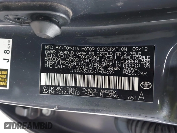 2012 Toyota Prius One with VIN JTDKN3DU5C1604697, listed as a IAAI auction lot 41830986 with 200,255 mi miles. Bid and sale history available at carsss.com. Image 9.