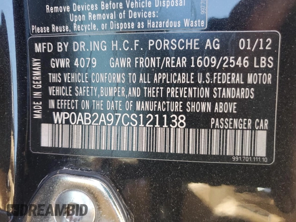 2012 Porsche 911 991 Carrera S with VIN WP0AB2A97CS121138, listed as a Copart auction lot 49750555 with 85,909 mi miles and Salvage Title. Bid and sale history available at carsss.com. Image 12.