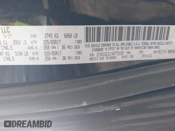 2017 Dodge Grand Caravan SXT with VIN 2C4RDGCG1HR773185, listed as a IAAI auction lot 42201139 with 166,718 mi miles and . Bid and sale history available at DreamBid. Image 9.