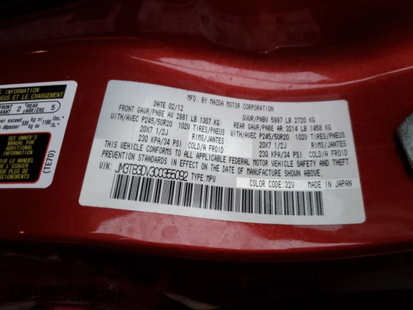2012 Mazda CX-9 Grand Touring with VIN JM3TB3DV3C0355092, listed as a Copart auction lot 44688125 with 150,381 mi miles and Salvage Title. Bid and sale history available at carsss.com. Image 13.