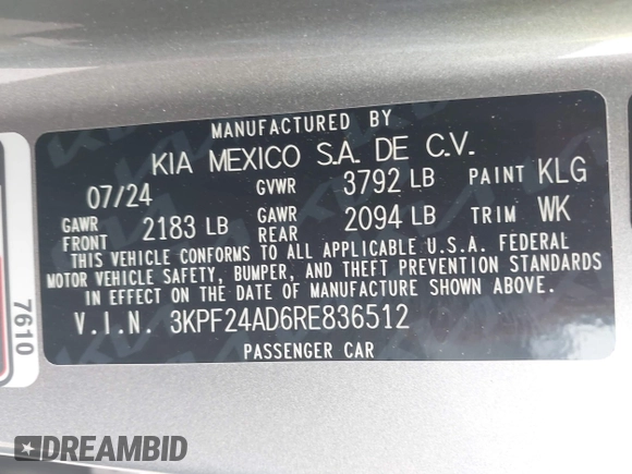 2024 Kia Forte LXS z VIN 3KPF24AD6RE836512, wystawiony jako IAAI lot #42166367 z przebiegiem 3 352 mil mil oraz . Historia ofert i sprzedaży dostępna na DreamBid. Obrazek 9.