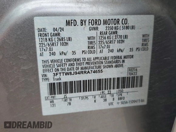 2024 Ford Maverick XLT z VIN 3FTTW8J94RRA74655, wystawiony jako Copart lot #55572585 z przebiegiem 11 685 mil mil oraz Szkoda całkowita • Salvage title. Historia ofert i sprzedaży dostępna na DreamBid. Obrazek 12.