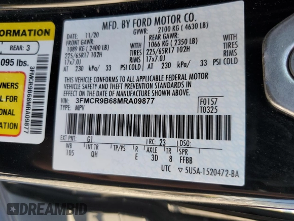 2021 Ford Bronco Sport Big Bend with VIN 3FMCR9B68MRA09877, listed as a Copart auction lot 59793815 with 59,330 mi miles and Salvage title. Bid and sale history available at DreamBid. Image 14.