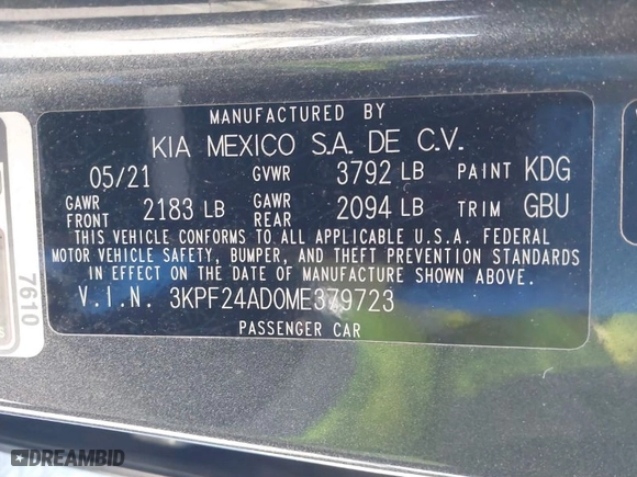 2021 Kia Forte LXS with VIN 3KPF24AD0ME379723, listed as a IAAI auction lot 41617826 with NaN miles. Bid and sale history available at carsss.com. Image 9.