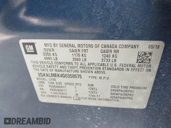 2016 GMC Terrain SLE with VIN 2GKALMEK4G6358575, listed as a IAAI auction lot 41949444 with 139,580 mi miles. Bid and sale history available at carsss.com. Image 9.