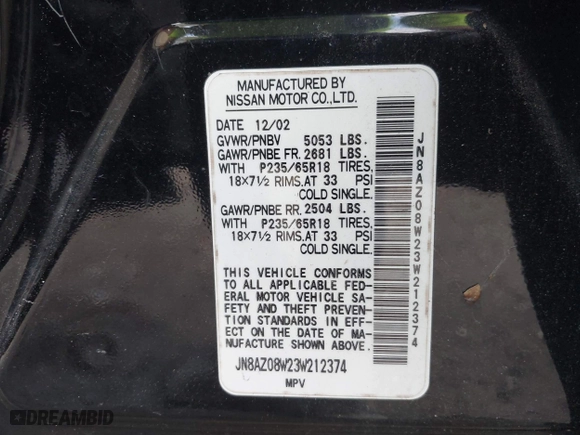 2003 Nissan Murano SL with VIN JN8AZ08W23W212374, listed as a IAAI auction lot 41937611 with 146,922 mi miles. Bid and sale history available at carsss.com. Image 9.