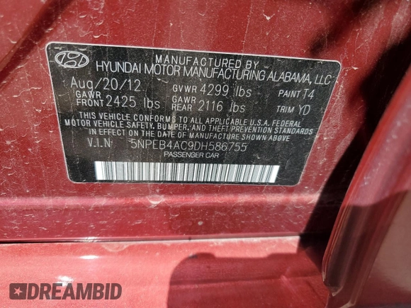 2013 Hyundai Sonata GLS with VIN 5NPEB4AC9DH586755, listed as a Copart auction lot 53889985 with 125,943 mi miles and Salvage Title. Bid and sale history available at carsss.com. Image 12.