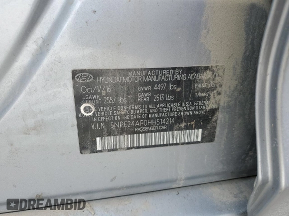 2017 Hyundai Sonata SE with VIN 5NPE24AF0HH514214, listed as a Copart auction lot 49087525 with 208,175 mi miles and Salvage Title. Bid and sale history available at carsss.com. Image 12.