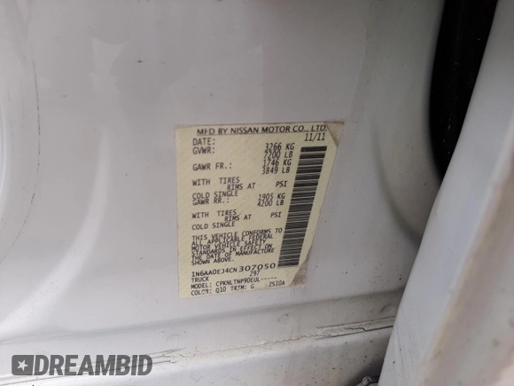 2012 Nissan Titan S with VIN 1N6AA0EJ4CN307050, listed as a Copart auction lot 43375035 with Not Provided miles and Salvage Title. Bid and sale history available at carsss.com. Image 12.