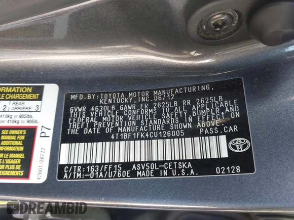 2012 Toyota Camry L with VIN 4T1BF1FK4CU126005, listed as a IAAI auction lot 41837721 with 198,820 mi miles. Bid and sale history available at carsss.com. Image 9.