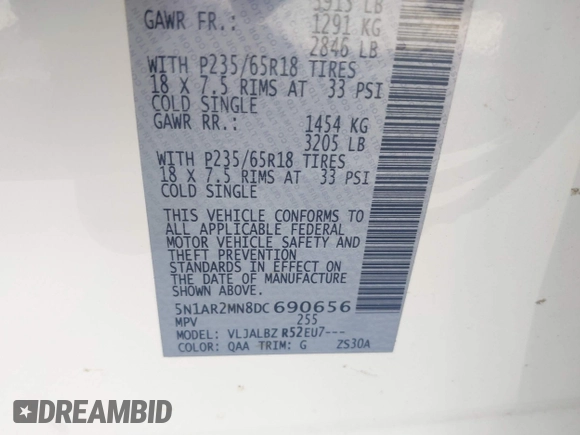 2013 Nissan Pathfinder SV with VIN 5N1AR2MN8DC690656, listed as a IAAI auction lot 42609015 with 178,949 mi miles and . Bid and sale history available at DreamBid. Image 9.