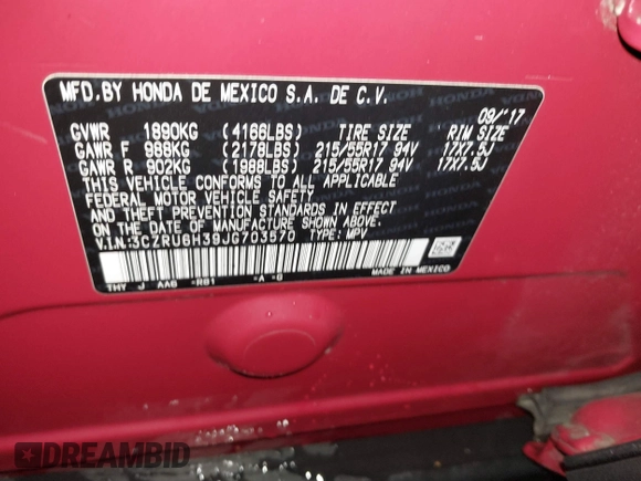 2018 Honda HR-V LX with VIN 3CZRU6H39JG703570, listed as a IAAI auction lot 41013552 with 76,509 mi miles. Bid and sale history available at carsss.com. Image 9.