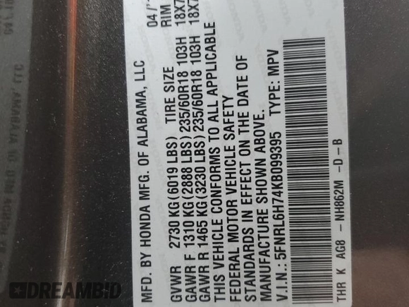 2019 Honda Odyssey EX-L with VIN 5FNRL6H74KB099395, listed as a Copart auction lot 42219415 with 113,177 mi miles and Non Repairable. Bid and sale history available at DreamBid. Image 14.