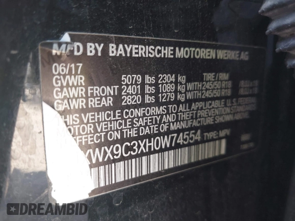 2017 BMW X3 xDrive28i with VIN 5UXWX9C3XH0W74554, listed as a IAAI auction lot 42011350 with 117,533 mi miles and . Bid and sale history available at DreamBid. Image 9.