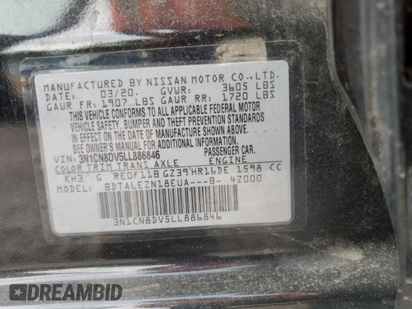 2020 Nissan Versa S z VIN 3N1CN8DV5LL886846, wystawiony jako Copart lot #54183275 z przebiegiem 93 641 mil mil oraz Szkoda całkowita • Salvage title. Historia ofert i sprzedaży dostępna na DreamBid. Obrazek 12.