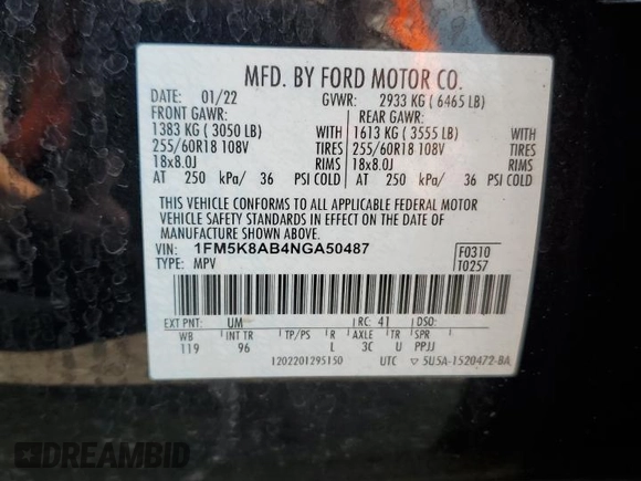 2022 Ford Police Interceptor Utility z VIN 1FM5K8AB4NGA50487, wystawiony jako Copart lot #54293475 z przebiegiem 61 510 mil mil oraz Szkoda całkowita • Salvage title. Historia ofert i sprzedaży dostępna na DreamBid. Obrazek 13.