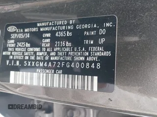 2015 Kia Optima LX with VIN 5XXGM4A72FG400848, listed as a IAAI auction lot 40802198 with 173,270 mi miles and . Bid and sale history available at DreamBid. Image 9.