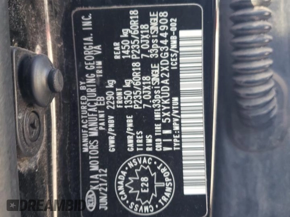 2013 Kia Sorento EX with VIN 5XYKUDA2XDG344908, listed as a Copart auction lot 51639355 with 190,766 mi miles and Salvage title. Bid and sale history available at DreamBid. Image 14.