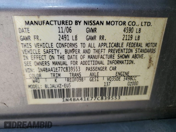 2007 Nissan Maxima 3.5 SE with VIN 1N4BA41E77C839553, listed as a Copart auction lot 52044825 with 97,666 mi miles and Clean Title. Bid and sale history available at carsss.com. Image 12.