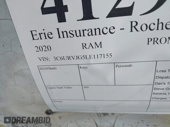 2020 Ram ProMaster Cargo with VIN 3C6URVJG5LE117155, listed as a IAAI auction lot 41299971 with Not Provided miles and . Bid and sale history available at carsss.com. Image 9.