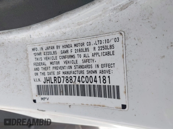 2004 Honda CR-V EX with VIN JHLRD78874C004181, listed as a IAAI auction lot 41805753 with 183,365 mi miles and . Bid and sale history available at carsss.com. Image 9.