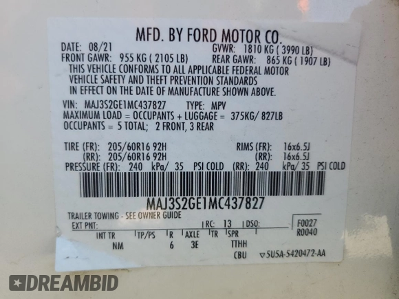 2021 Ford EcoSport SE with VIN MAJ3S2GE1MC437827, listed as a Copart auction lot 50764635 with 27,137 mi miles and Salvage Title. Bid and sale history available at DreamBid. Image 13.