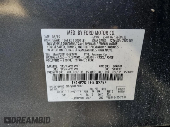 2015 Ford Taurus SHO with VIN 1FAHP2KT1FG182797, listed as a Copart auction lot 42705445 with 251,206 mi miles and Salvage Title. Bid and sale history available at DreamBid. Image 12.