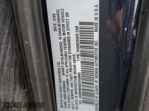 2003 Subaru Legacy Outback with VIN 4S3BH665937640565, listed as a Copart auction lot 82338234 with 82,814 mi miles and Salvage title. Bid and sale history available at DreamBid. Image 12.