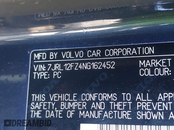 2022 Volvo S60 Momentum with VIN 7JRL12FZ4NG162452, listed as a IAAI auction lot 41136617 with 52,535 mi miles. Bid and sale history available at carsss.com. Image 9.