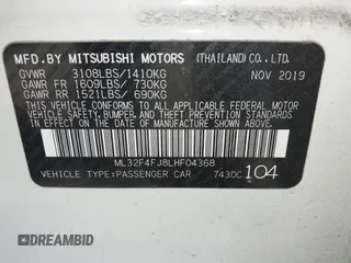 2020 Mitsubishi Mirage SE with VIN ML32F4FJ8LHF04368, listed as a IAAI auction lot 41695505 with 52,431 mi miles and . Bid and sale history available at DreamBid. Image 9.