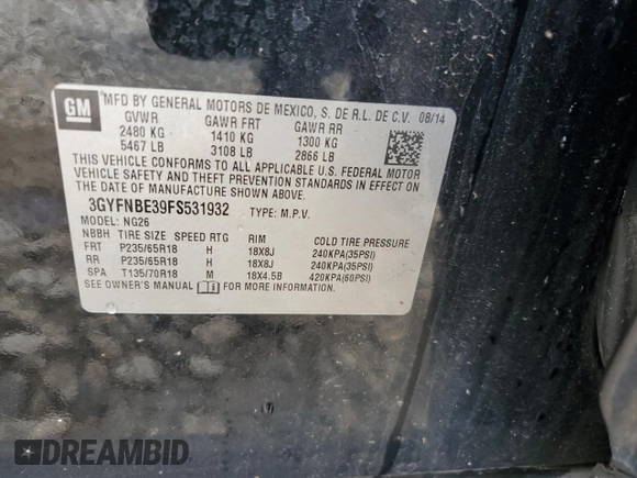2015 Cadillac SRX Luxury Collection with VIN 3GYFNBE39FS531932, listed as a Copart auction lot 42202285 with 178,680 mi miles and Salvage Title. Bid and sale history available at carsss.com. Image 14.