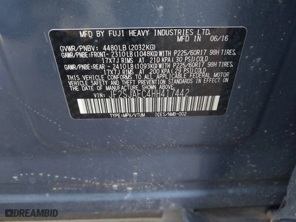 2017 Subaru Forester Premium with VIN JF2SJAEC4HH417442, listed as a IAAI auction lot 41790152 with 122,972 mi miles. Bid and sale history available at carsss.com. Image 9.