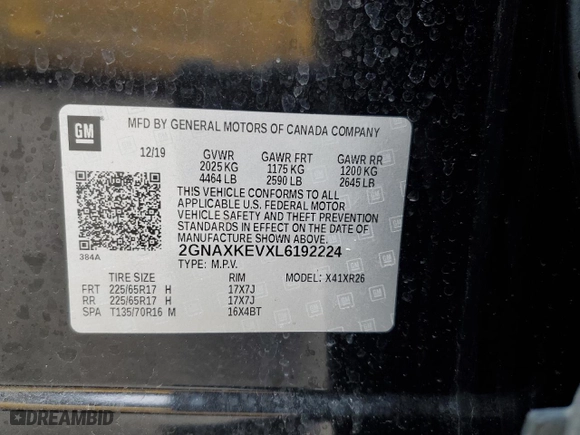 2020 Chevrolet Equinox LT with VIN 2GNAXKEVXL6192224, listed as a Copart auction lot 44105715 with 101,927 mi miles and Salvage Title. Bid and sale history available at carsss.com. Image 13.