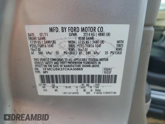 2012 Ford Escape Hybrid с VIN 1FMCU5K37CKA30865, выставлен на аукционе Copart как лот 79235264 с пробегом 140 112 миль миль и Списание • Salvage title. История ставок и продаж доступна на DreamBid. Изображение 14.